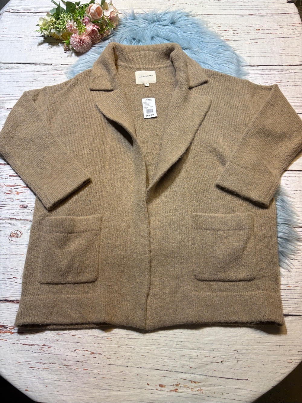 NWT Thread & Supply Camel Knit Open Front Cardigan sz L